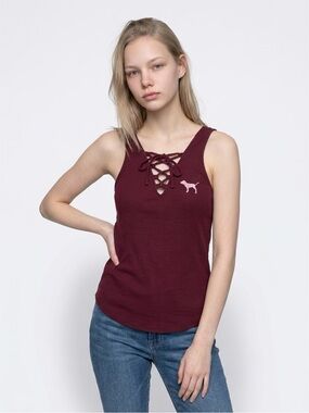 PINK Victoria's Secret Burgundy Lace-Up Tank with Pink Dog Logo